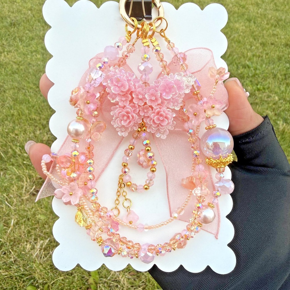 Peach Pink Luminous Butterfly Phone Wristlet Floral Glass Bead Keychain Handmade